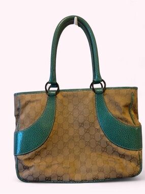 VINTAGE Gucci Brown Monogram Tote with Teal Green Leather Accents • OBO💚
